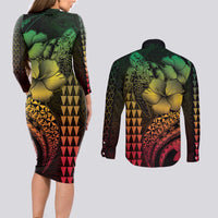 Hawaiian Sea Turtle Couples Matching Long Sleeve Bodycon Dress and Long Sleeve Button Shirt Reggae Hibiscus Flowers and Kakau Pattern