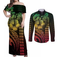 Hawaiian Sea Turtle Couples Matching Off Shoulder Maxi Dress and Long Sleeve Button Shirt Reggae Hibiscus Flowers and Kakau Pattern
