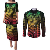 Hawaiian Sea Turtle Couples Matching Puletasi and Long Sleeve Button Shirt Reggae Hibiscus Flowers and Kakau Pattern