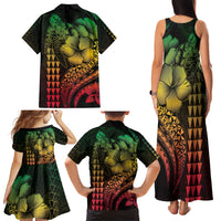 Hawaiian Sea Turtle Family Matching Tank Maxi Dress and Hawaiian Shirt Reggae Hibiscus Flowers and Kakau Pattern