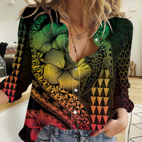 Hawaiian Sea Turtle Women Casual Shirt Reggae Hibiscus Flowers and Kakau Pattern