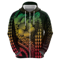 Hawaiian Sea Turtle Zip Hoodie Reggae Hibiscus Flowers and Kakau Pattern