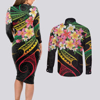 Kiribati Red Jasmine Mango Couples Matching Long Sleeve Bodycon Dress and Long Sleeve Button Shirt Reggae Polynesian Art Vibe LT9 - Polynesian Pride