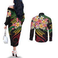 Kiribati Red Jasmine Mango Couples Matching Off The Shoulder Long Sleeve Dress and Long Sleeve Button Shirt Reggae Polynesian Art Vibe LT9 - Polynesian Pride