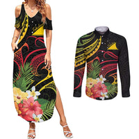 Personalised Tokelau Tropical Flowers Couples Matching Summer Maxi Dress and Long Sleeve Button Shirt Reggae Polynesian Art Vibe LT9 Reggae - Polynesian Pride