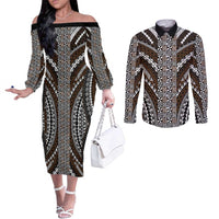 Brown Tongan Polynesian Tribal Couples Matching Off The Shoulder Long Sleeve Dress and Long Sleeve Button Shirt - Polynesian Pride