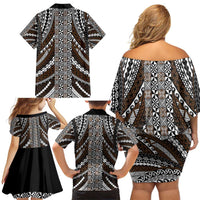 Brown Tongan Polynesian Tribal Family Matching Off Shoulder Short Dress and Hawaiian Shirt - Polynesian Pride