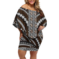 Brown Tongan Polynesian Tribal Family Matching Off Shoulder Short Dress and Hawaiian Shirt - Polynesian Pride