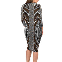 Brown Tongan Polynesian Tribal Long Sleeve Bodycon Dress - Polynesian Pride
