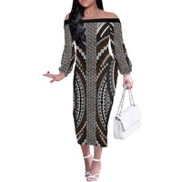 Brown Tongan Polynesian Tribal Off The Shoulder Long Sleeve Dress - Polynesian Pride