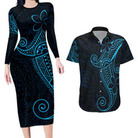 Black Blue Polynesian Tribal Couples Matching Long Sleeve Bodycon Dress and Hawaiian Shirt LT9 Blue - Polynesian Pride