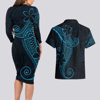 Black Blue Polynesian Tribal Couples Matching Long Sleeve Bodycon Dress and Hawaiian Shirt LT9 - Polynesian Pride