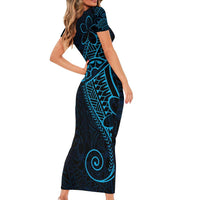 Black Blue Polynesian Tribal Family Matching Short Sleeve Bodycon Dress and Hawaiian Shirt - Polynesian Pride
