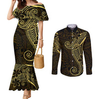 Black Gold Polynesian Tribal Couples Matching Mermaid Dress and Long Sleeve Button Shirt - Polynesian Pride