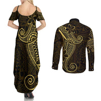 Black Gold Polynesian Tribal Couples Matching Summer Maxi Dress and Long Sleeve Button Shirt - Polynesian Pride