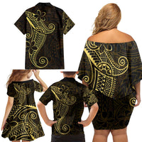 Black Gold Polynesian Tribal Family Matching Off Shoulder Short Dress and Hawaiian Shirt - Polynesian Pride