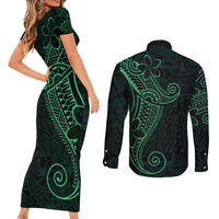 Black Green Polynesian Tribal Couples Matching Short Sleeve Bodycon Dress and Long Sleeve Button Shirt - Polynesian Pride