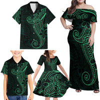 Black Green Polynesian Tribal Family Matching Off Shoulder Maxi Dress and Hawaiian Shirt - Polynesian Pride