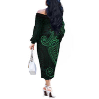 Black Green Polynesian Tribal Off The Shoulder Long Sleeve Dress - Polynesian Pride