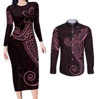 Black Pink Polynesian Tribal Couples Matching Long Sleeve Bodycon Dress and Long Sleeve Button Shirt - Polynesian Pride