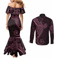 Black Pink Polynesian Tribal Couples Matching Mermaid Dress and Long Sleeve Button Shirt - Polynesian Pride