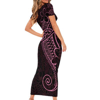 Black Pink Polynesian Tribal Family Matching Short Sleeve Bodycon Dress and Hawaiian Shirt - Polynesian Pride