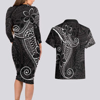 Black White Polynesian Tribal Couples Matching Long Sleeve Bodycon Dress and Hawaiian Shirt LT9 - Polynesian Pride