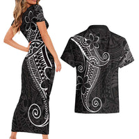 Black White Polynesian Tribal Couples Matching Short Sleeve Bodycon Dress and Hawaiian Shirt LT9 - Polynesian Pride