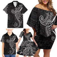 Black White Polynesian Tribal Family Matching Off Shoulder Short Dress and Hawaiian Shirt LT9 - Polynesian Pride