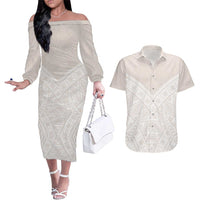 Lotu Tamaiti Tongan Polynesian Art Pattern Couples Matching Off The Shoulder Long Sleeve Dress and Hawaiian Shirt Traditional Tribal Motifs - Polynesian Pride