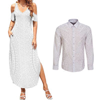 Lotu Tamaiti White Tongan Ngatu Couples Matching Summer Maxi Dress and Long Sleeve Button Shirt Polynesian Tribal Fonulei Pattern - Polynesian Pride