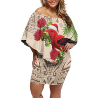 Christmas Hawaii with I'iwi Bird Family Matching Off Shoulder Short Dress and Hawaiian Shirt Aloha Mele Kalikimaka - Beige Art