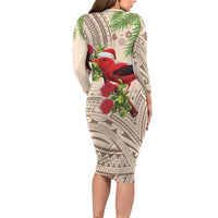 Christmas Hawaii with I'iwi Bird Long Sleeve Bodycon Dress Aloha Mele Kalikimaka - Beige Art LT9 - Polynesian Pride