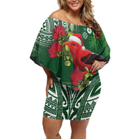 Christmas Hawaii with I'iwi Bird Family Matching Off Shoulder Short Dress and Hawaiian Shirt Aloha Mele Kalikimaka - Green Art