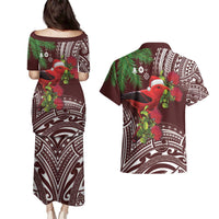 Christmas Hawaii with I'iwi Bird Couples Matching Puletasi and Hawaiian Shirt Aloha Mele Kalikimaka - Oxblood Art