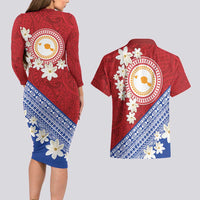 French Polynesia Couples Matching Long Sleeve Bodycon Dress and Hawaiian Shirt Tahitian Tiare Flowers Tribal LT9 - Polynesian Pride