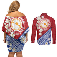 French Polynesia Couples Matching Off Shoulder Short Dress and Long Sleeve Button Shirt Tahitian Tiare Flowers Tribal LT9 - Polynesian Pride