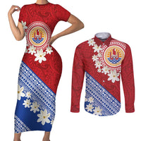 French Polynesia Couples Matching Short Sleeve Bodycon Dress and Long Sleeve Button Shirt Tahitian Tiare Flowers Tribal LT9 Red - Polynesian Pride