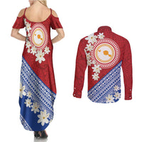 French Polynesia Couples Matching Summer Maxi Dress and Long Sleeve Button Shirt Tahitian Tiare Flowers Tribal LT9 - Polynesian Pride
