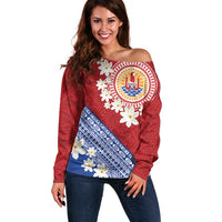 French Polynesia Off Shoulder Sweater Tahitian Tiare Flowers Tribal LT9 Women Red - Polynesian Pride