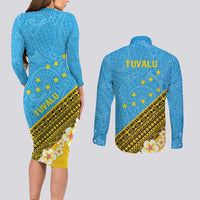Tuvalu Plumeria Flowers Couples Matching Long Sleeve Bodycon Dress and Long Sleeve Button Shirt Polynesian Tribal Pattern LT9 - Polynesian Pride