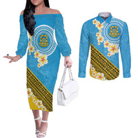 Tuvalu Plumeria Flowers Couples Matching Off The Shoulder Long Sleeve Dress and Long Sleeve Button Shirt Polynesian Tribal Pattern LT9 Blue - Polynesian Pride