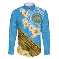 Tuvalu Plumeria Flowers Family Matching Long Sleeve Bodycon Dress and Hawaiian Shirt Polynesian Tribal Pattern LT9 Dad's Shirt - Long Sleeve Blue - Polynesian Pride