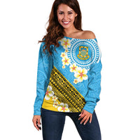 Tuvalu Plumeria Flowers Off Shoulder Sweater Polynesian Tribal Pattern LT9 Women Blue - Polynesian Pride