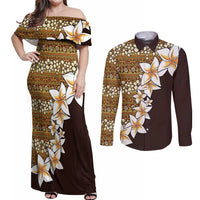 Vintage Hibiscus Turtle Pattern Couples Matching Off Shoulder Maxi Dress and Long Sleeve Button Shirt with Plumeria Half Style