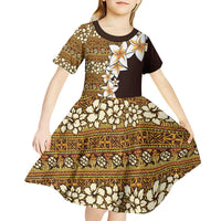 Vintage Hibiscus Turtle Pattern Kid Short Sleeve Dress with Plumeria Half Style LT9 - Polynesian Pride