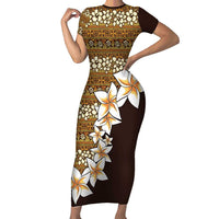 Vintage Hibiscus Turtle Pattern Short Sleeve Bodycon Dress with Plumeria Half Style LT9 Long Dress Gold - Polynesian Pride