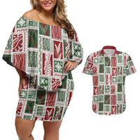 Mele Kalikimaka Hawaiian Quilt and Lei Patchwork Couples Matching Off Shoulder Short Dress and Hawaiian Shirt LT9 Red - Polynesian Pride