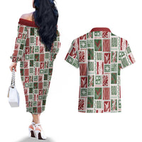Mele Kalikimaka Hawaiian Quilt and Lei Patchwork Couples Matching Off The Shoulder Long Sleeve Dress and Hawaiian Shirt LT9 - Polynesian Pride