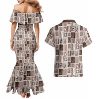Vintage Aloha Block Quilt Couples Matching Mermaid Dress and Hawaiian Shirt Beige Inspired Lei Motifs LT9 - Polynesian Pride
